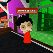 a cartoon character is standing in a room with a sign that says mundo sprunki