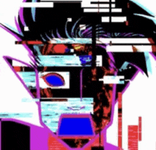 a painting of a person 's face with a blue eye and a purple shirt .