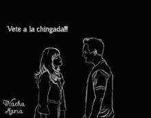 a black and white drawing of a man holding a woman 's arm with the words vete a la chingada