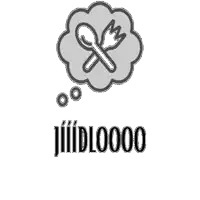 a speech bubble with a fork and spoon and the words jiiidl00000