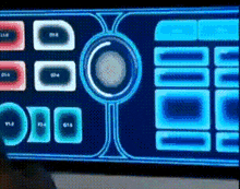 a blue screen with a circle in the middle and a few squares on it