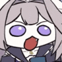 a cartoon girl with purple eyes and a red tongue is holding a cell phone .