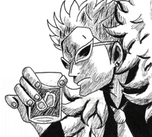 a black and white drawing of a man holding a glass of something