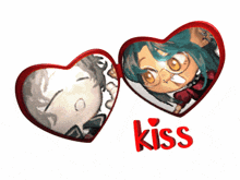 two heart shaped mirrors with the word kiss in red