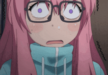 a girl with pink hair wearing glasses looks surprised