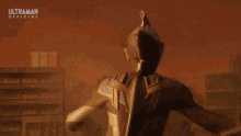 a man in a cape is standing in front of a lightning bolt .