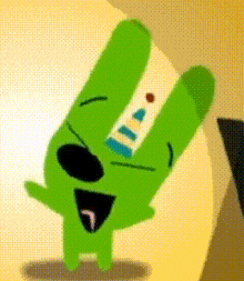 a green cartoon character is wearing a party hat and smiling