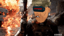 a cartoon of a man holding a gun in front of a fire with the word cookie below him
