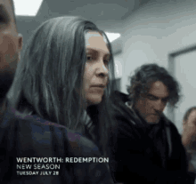 a woman with gray hair is in a room with other people and the words wentworth : redemption new season tuesday july 28
