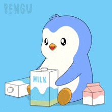 a penguin is drinking a carton of milk from its mouth