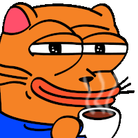 a cartoon cat is holding a cup of coffee with steam coming out of its mouth