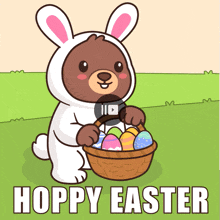 a cartoon of a bear dressed as an easter bunny holding a basket full of easter eggs
