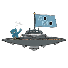 a drawing of a space ship with a flag that says 50 mo on it