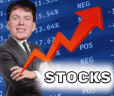 a man in a suit and tie holds a red arrow in front of a graph that says stocks