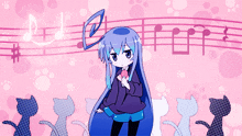a girl with long blue hair is holding a lollipop in front of a pink background with music notes
