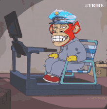 a cartoon of a monkey on a treadmill with the hashtag #tribe on the bottom