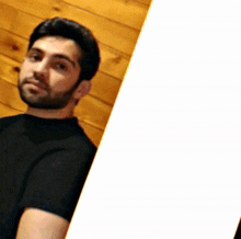 a man with a beard wearing a black shirt stands in front of a wooden wall