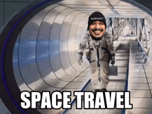 a man in a space suit is walking through a tunnel with the words space travel above him