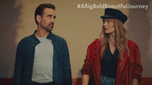 a man and a woman are standing next to each other with a big bold beautiful journey written above them