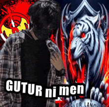 a man in a plaid shirt is standing in front of a white tiger with red eyes ..