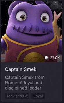 a purple cartoon character named captain smak