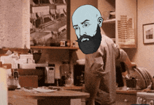 a cartoon of a man with a beard and mustache is standing in a kitchen