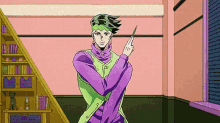 a cartoon character in a purple and green outfit is holding a pencil in a room .