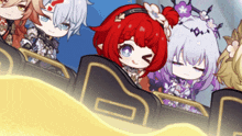 a group of anime characters sitting on a roller coaster