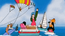 a group of people on boats in the ocean with a girl flying a parachute