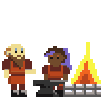 a pixel art of a man standing next to a woman sitting in front of a fire