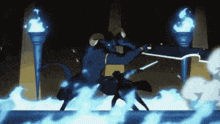 a man is fighting a bull in a dark room