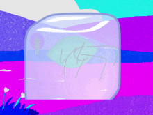 a cartoon drawing of a purple and blue landscape with a clear container