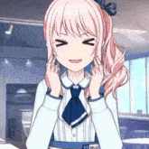 a girl with pink hair and a name tag that says ' aoyama '