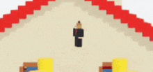 a pixel art of a man in a suit and tie standing on top of a building .