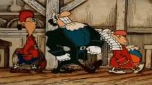a group of cartoon characters standing next to each other with one wearing a red hat
