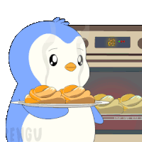 a cartoon penguin is holding a tray of bread in front of an oven that has the number 28 on it