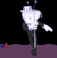 a pixel art of a cartoon character wearing a tuxedo and top hat holding a wand .