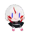 a cartoon character with white hair and red spots on her face is standing on a white background .
