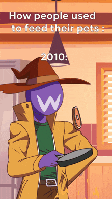 a cartoon of a man in a witch hat holding a frying pan