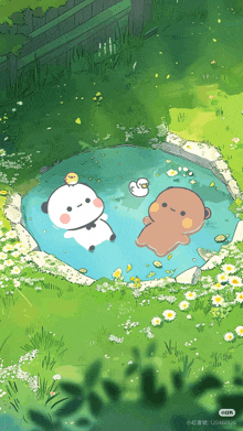 two cartoon characters are swimming in a pond with a duck
