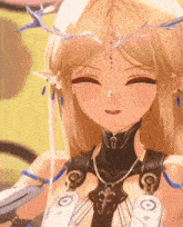 a blonde anime girl with a crown on her head is smiling with her eyes closed