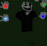 a video game character is surrounded by purple hands and a purple light