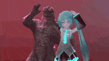 hatsune miku is riding on the back of a godzilla .