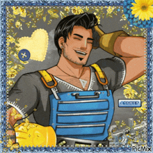 a picture of a man wearing a blue apron with a sweet button