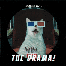 a picture of a cat wearing 3d glasses and eating popcorn with the motley beast written on the bottom