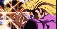a man in a purple shirt is standing in front of a glowing object in a cartoon .