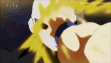 a close up of a person 's face in a cartoon with the time of 9:14 on the bottom .