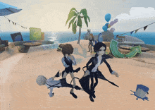 a group of people are standing on a beach with balloons in the background