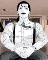 a drawing of a man wearing suspenders and a tie
