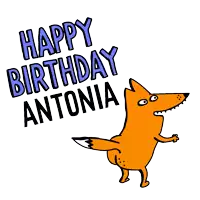 a cartoon fox with the words happy birthday antonia written on it